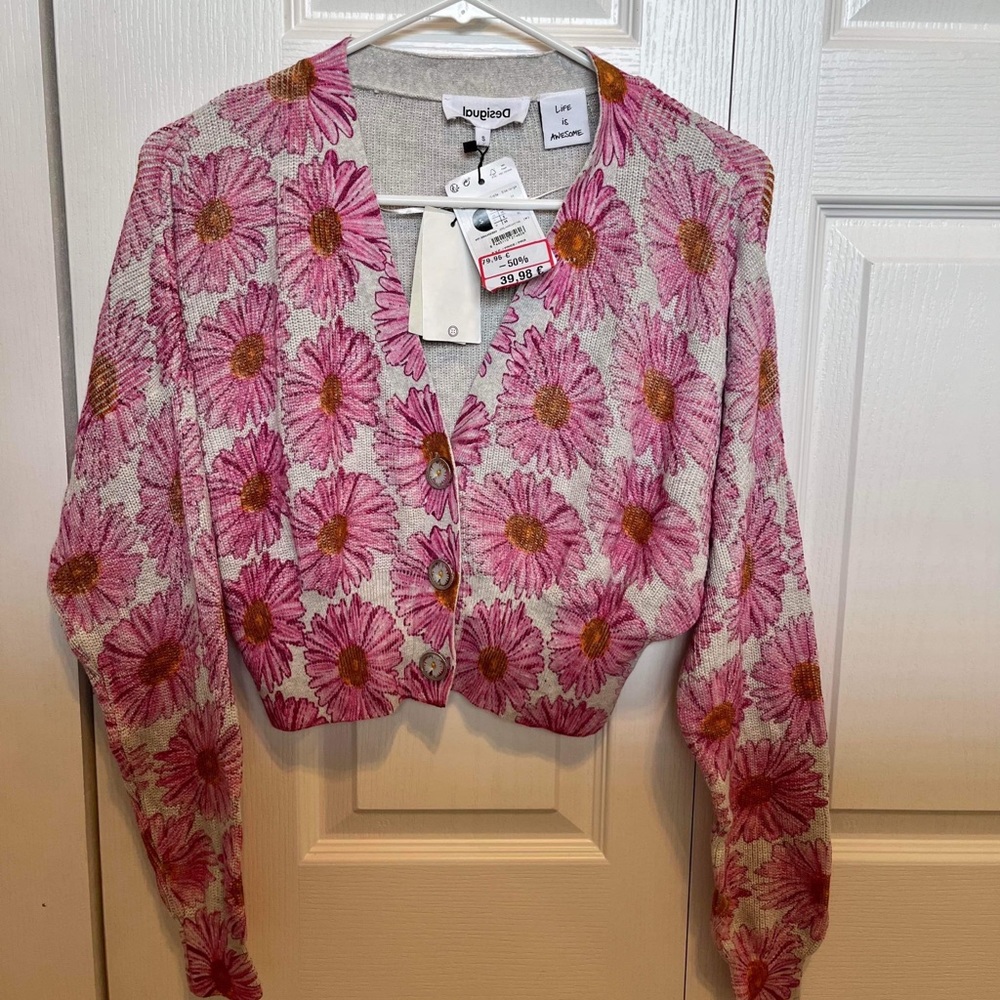 Desigual Margaritas Short Daisy Cardigan, Size Small, New With Tags